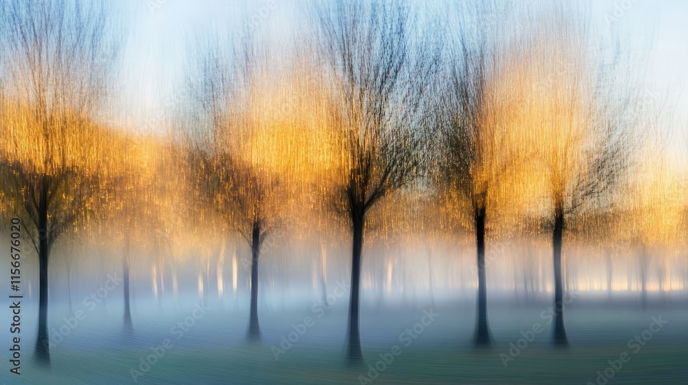 Poster morning dew on trees creating a dreamy blur effect amidst soft golden light and tranquil fog in a se