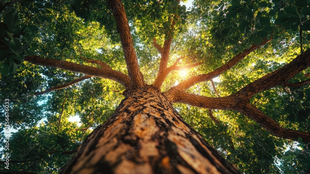 Poster majestic tree canopy with sunlight filtering through leaves creating a serene natural texture backgr