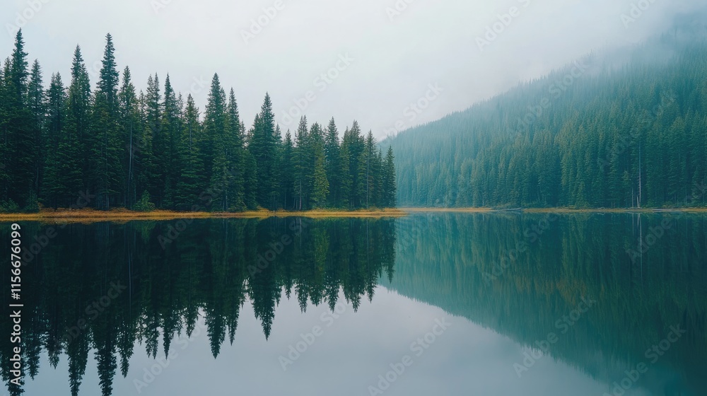Poster tranquil lake with misty reflections of evergreen trees creating a serene nature landscape scene