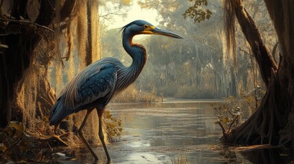 Tricolored heron in serene swamp environment surrounded by lush greenery and tranquil waters during golden hour lighting