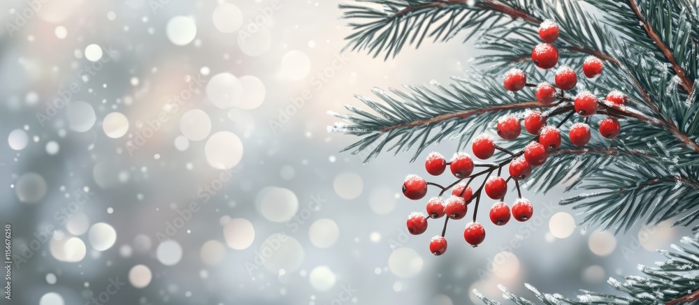 Poster Evergreen fir branch adorned with vibrant red berries on a soft gray bokeh background featuring delicate snowflakes and winter ambience.