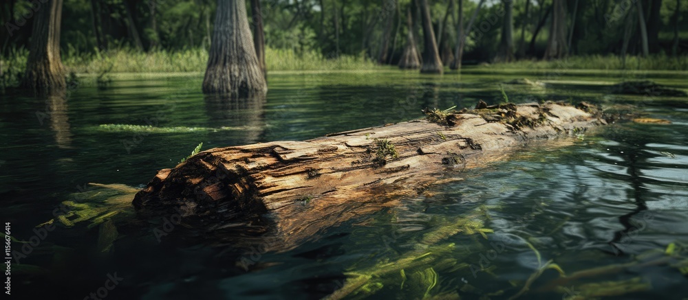 Aufkleber Submerged tree trunk in serene waters surrounded by lush greenery and reflective ripples in a tranquil natural setting