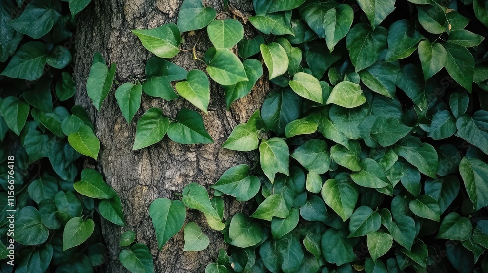 Poster Tree trunk enveloped by lush green leaves creating a vibrant natural backdrop for nature-themed projects