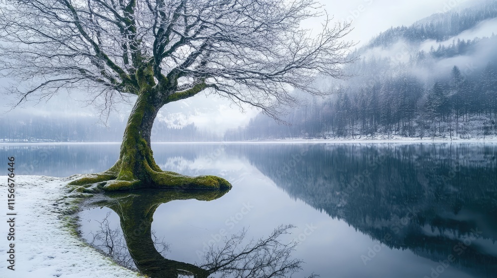 Poster moss-covered tree reflecting in a serene lake surrounded by winter fog and snowy landscape on a tran