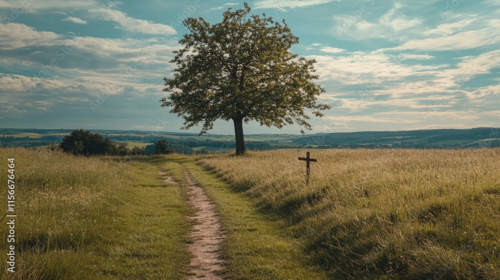 Poster solitary tree by a serene path with a field cross under a vast sky in a tranquil landscape setting