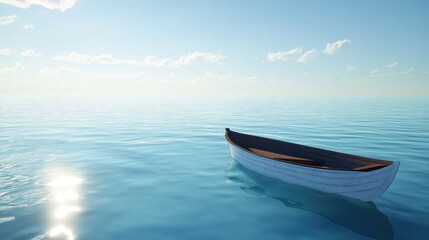 Naklejka premium A solitary boat floating in the center of a wide ocean, surrounded by endless blue water and a clear sky, symbolizing isolation.