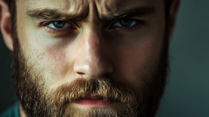 Young man with beard displays a sad and upset expression, showcasing a frowning face. This image captures the nuances of human facial expressions and emotions through a bearded man s forlorn look.