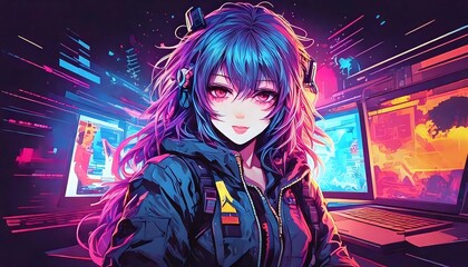 Vibrant-haired gamer at a digital workstation.Generative AI