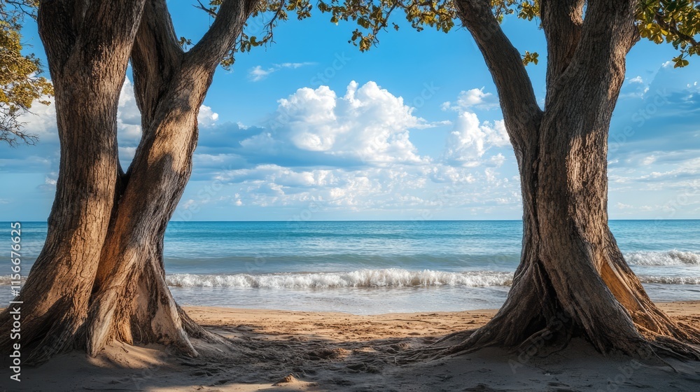 Poster tree trunks framing serene beach view with crystalline sea and clouds under a clear blue sky
