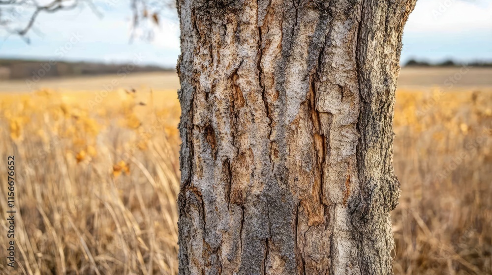 Aufkleber Close-up of textured tree trunk in foreground with a soft-focused golden field backdrop highlighting nature's beauty.