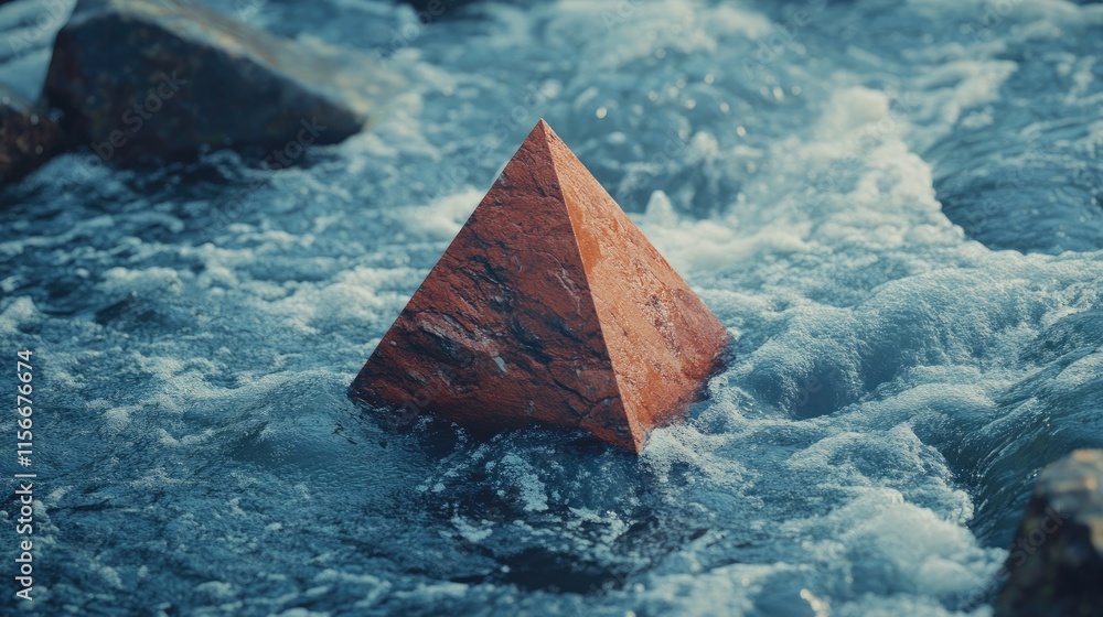 Aufkleber Triangle shaped red rock emerging from flowing river water creating a striking natural contrast and dynamic landscape scene