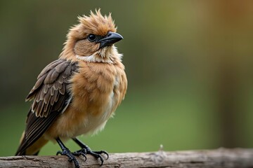 Fototapeta premium Distressed bird with ruffled feathers on weathered wooden perch, symbolizing avian disease and wildlife health issues.