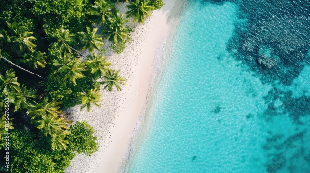 Aufkleber aerial view of a serene tropical beach with clear turquoise waters and lush green palm trees lining 