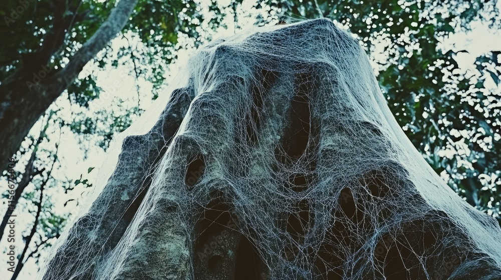 Poster mysterious tree trunk enveloped in delicate spider webs amidst a lush forest backdrop