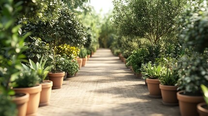 Fototapeta premium Garden nursery pathway lined with potted trees and plants for landscaping and outdoor decoration in a serene environment.