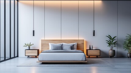 A modern bedroom featuring a wooden bed frame, soft bedding, minimalist decor, and plants, illuminated by stylish pendant lights.