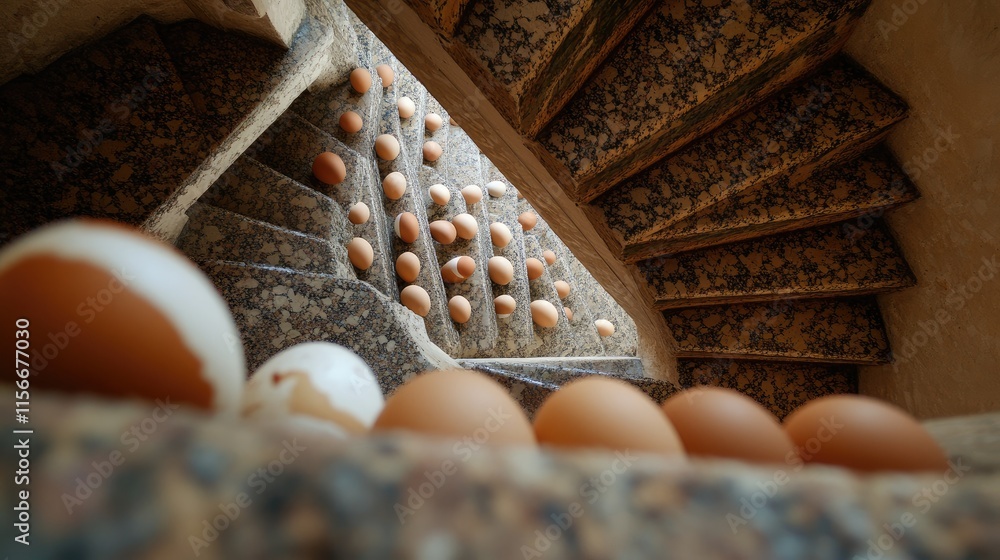 Aufkleber Elegant triangular stairwell with decorative elements and scattered eggs creating an intriguing visual depth from a unique overhead angle.