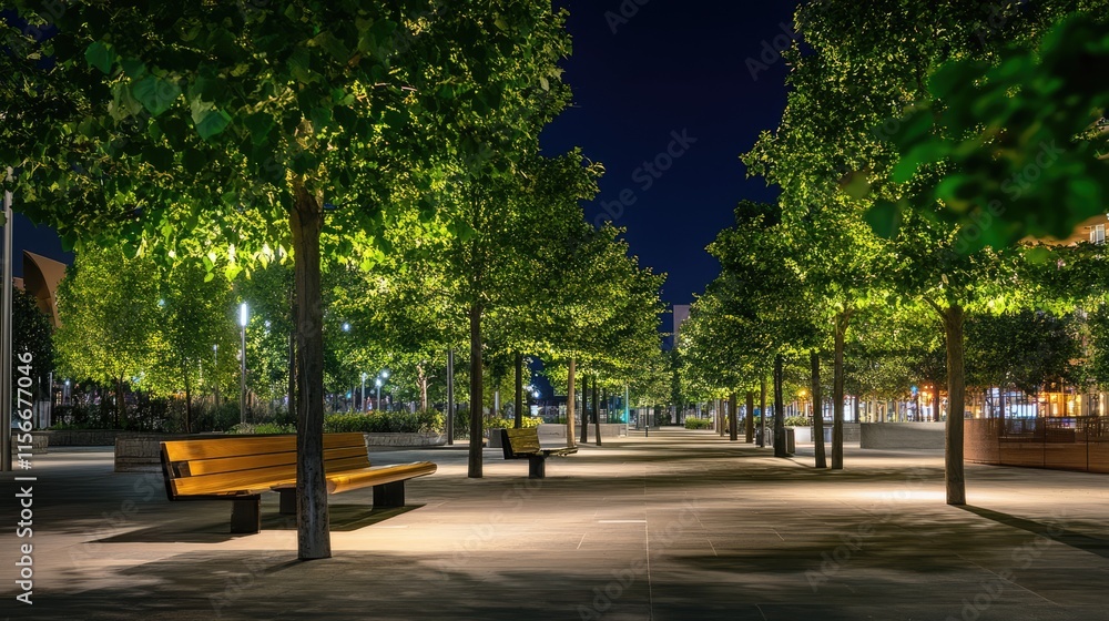 Aufkleber serene nighttime park scene with illuminated trees and benches inviting peaceful strolls and relaxat