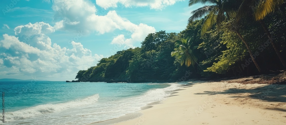 Poster tranquil tropical beach scene with azure waters lush greenery and white sands ideal for relaxation a