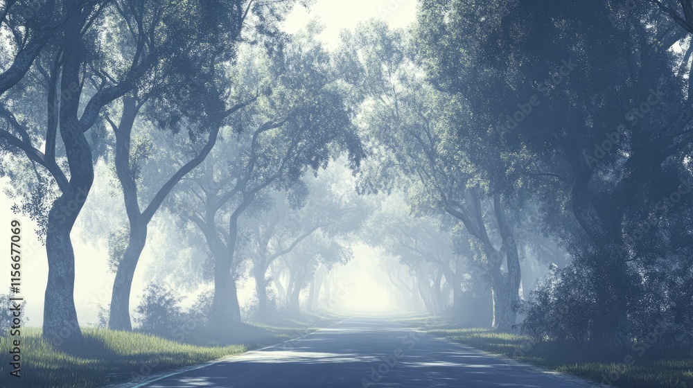 Aufkleber misty tree-lined road showcasing serene nature ambiance with soft light filtering through foliage in
