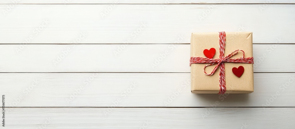 Aufkleber handmade gift box adorned with red hearts and twine on a white wooden table creating a festive atmos