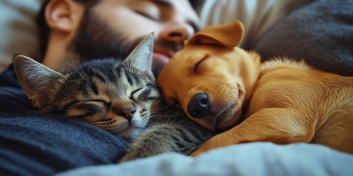 Cat and dog peacefully sleeping together beside a man. The kitten and puppy enjoy a cozy nap with their owner. Showcasing the warmth of home pets, animal care, love, and friendship among domestic