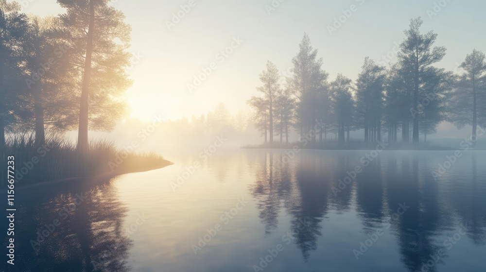 Aufkleber misty sunrise over tranquil lake with trees reflecting in the water creating a serene and peaceful n