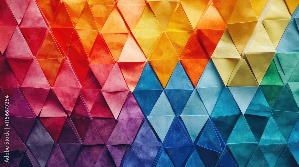 Poster Colorful triangular flags crafted from paper creating a vibrant geometric pattern for festive decorations or artistic backgrounds