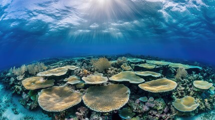 Vibrant Tropical Coral Reef Ecosystem Underwater with Sunlight Beaming Through Clear Blue Ocean Water