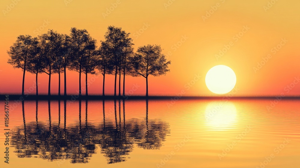 Poster tranquil sunrise over a lake with silhouetted trees reflecting on calm waters creating a serene and 