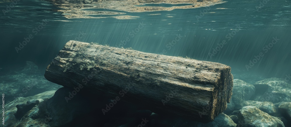 Aufkleber Submerged tree trunk in tranquil water revealing natural textures and reflections in serene aquatic environment