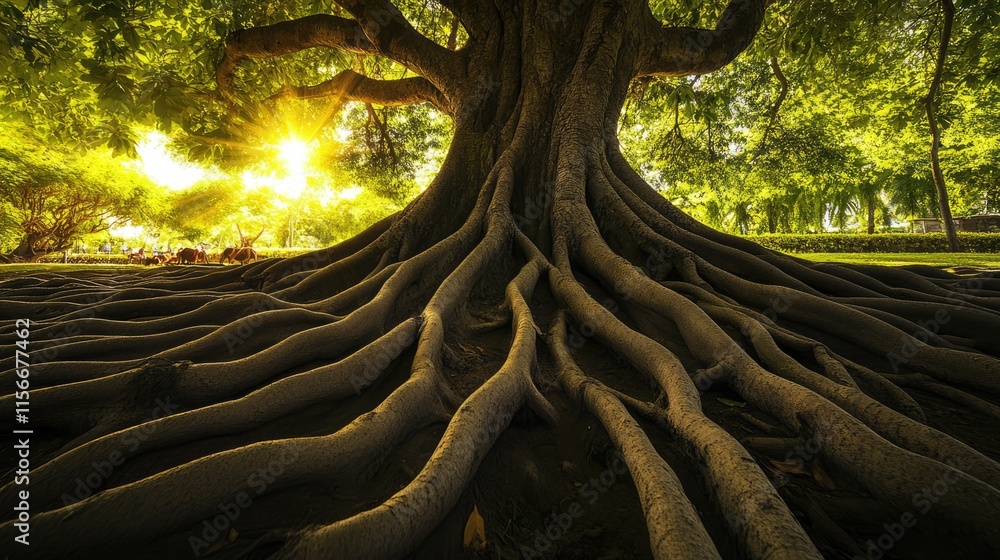 Aufkleber Majestic tree trunk with intricate bark and sprawling roots illuminated by golden sunlight in a serene natural setting