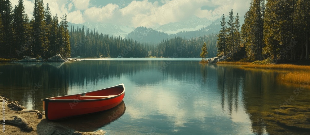 Poster serene lake view with red canoe surrounded by lush forest and mountains under a cloudy sky