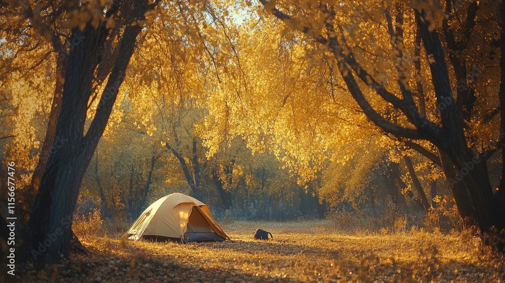 Poster autumn camping setup with a tent under golden poplar trees creating a serene natural retreat in morn