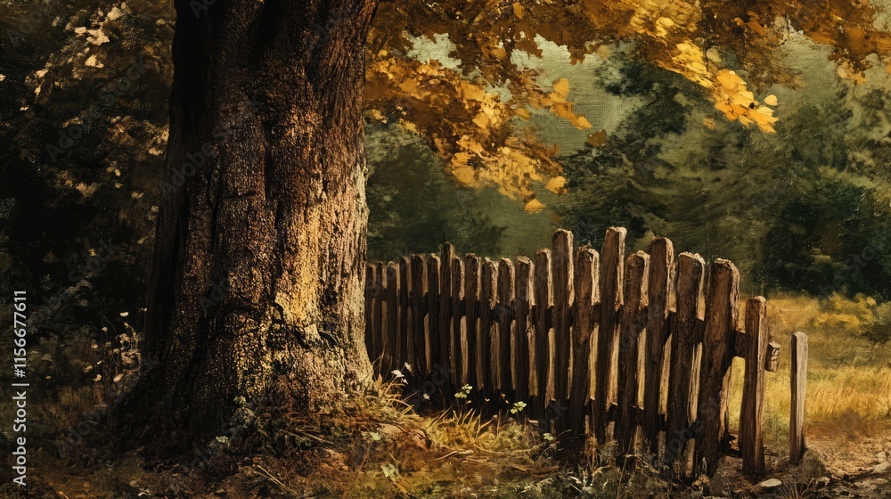 Poster autumn forest scene featuring a textured tree trunk and a rustic wooden fence surrounded by vibrant 