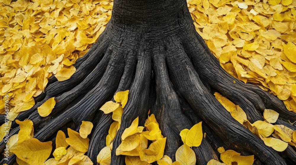 Poster tree trunk surrounded by a vibrant carpet of fallen yellow leaves in autumn landscape creating a ser