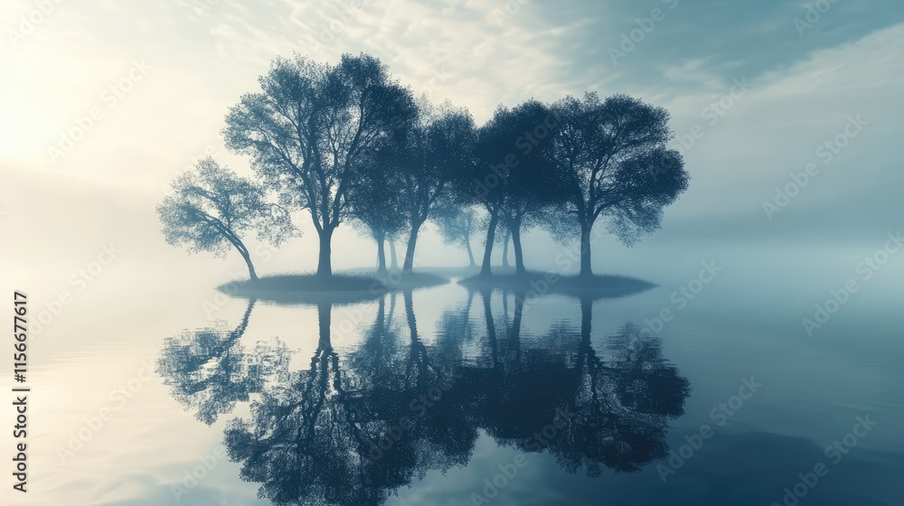 Aufkleber serene misty landscape with silhouetted trees reflecting in tranquil water creating an abstract and 