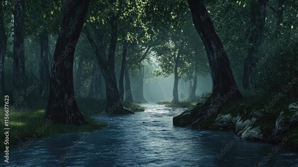 Aufkleber Misty forest landscape with a serene stream flowing through lush green trees creating a tranquil and peaceful natural setting