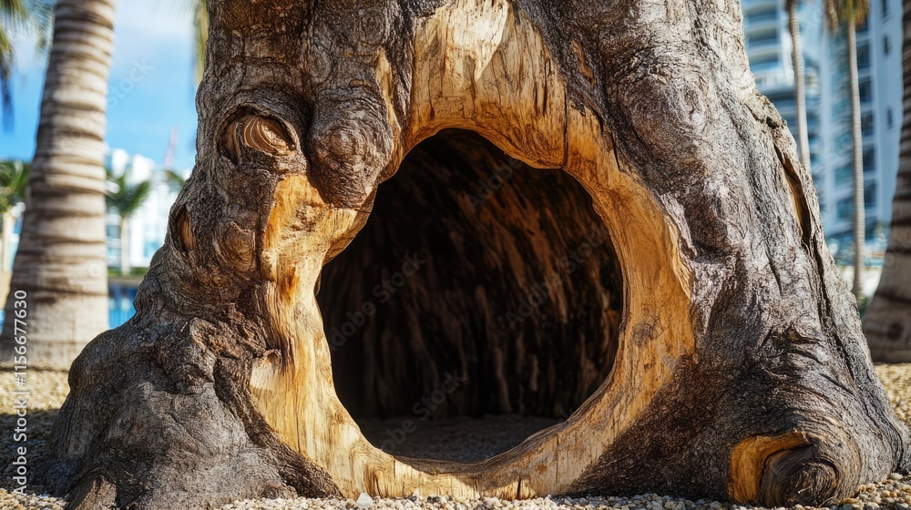 Poster Close-up view of an aged tree trunk featuring a visible hollow inner cavity surrounded by palm trees in a serene outdoor setting