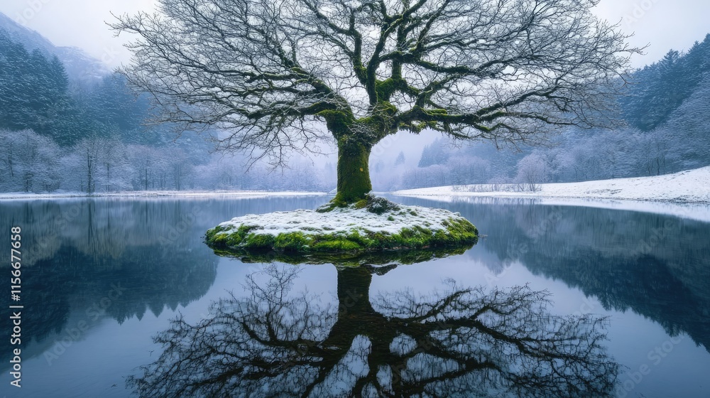 Poster winter scene of a moss-covered tree reflecting in a tranquil lake surrounded by frosty landscapes an