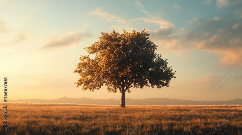 Poster serene solitary tree in a golden field during sunset with dramatic sky and distant mountains creatin