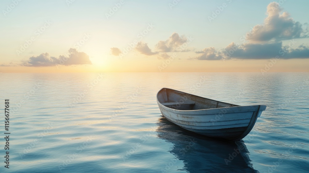 Poster an empty boat drifting in the middle of a peaceful ocean, with soft sunlight and a serene sky creati
