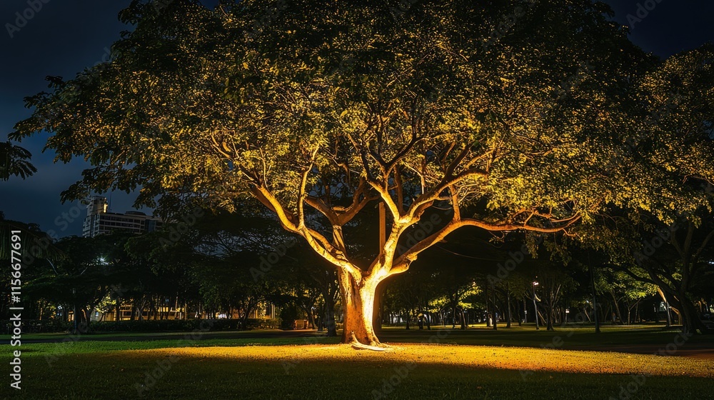 Poster Illuminated tree at night in park creating a warm and inviting atmosphere for evening strolls and relaxation