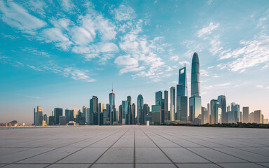 Modern City Skyline with Tall Skyscrapers, Clear Blue Sky with Scattered White Clouds, Smooth Concrete Platform in Foreground, Urban Development Harmonizing with Nature, Vibrant Architectural Scene