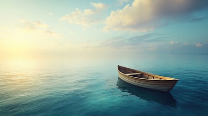 Naklejka premium An empty boat drifting in the middle of a peaceful ocean, with soft sunlight and a serene sky creating an atmosphere of solitude.