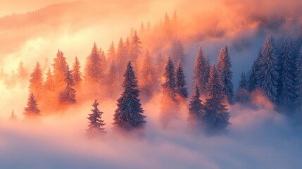 Obraz premium Winter wonderland with foggy trees and warm hues creating a serene and mystical landscape atmosphere in a snow-covered scene