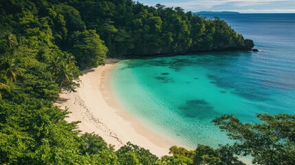 Fototapeta premium Secluded tropical beach with clear turquoise water surrounded by lush greenery and serene landscape for peaceful getaway imagery