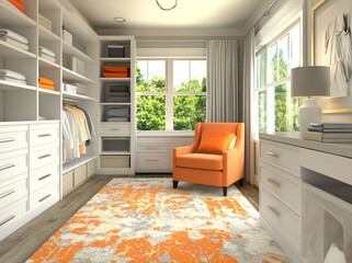 Bright and modern closet space with orange accent chair and ample storage.