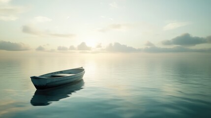 Naklejka premium An empty boat drifting in the middle of a peaceful ocean, with soft sunlight and a serene sky creating an atmosphere of solitude.