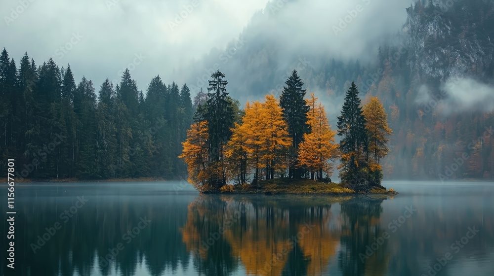 Poster autumn trees with vibrant colors reflecting on a tranquil lake surrounded by misty mountains in a se